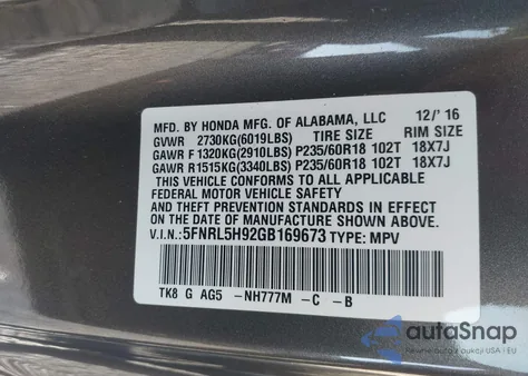 2016 Honda Odyssey Touring/Touring Elite from USA, damaged, VIN 5FNRL5H92GB169673